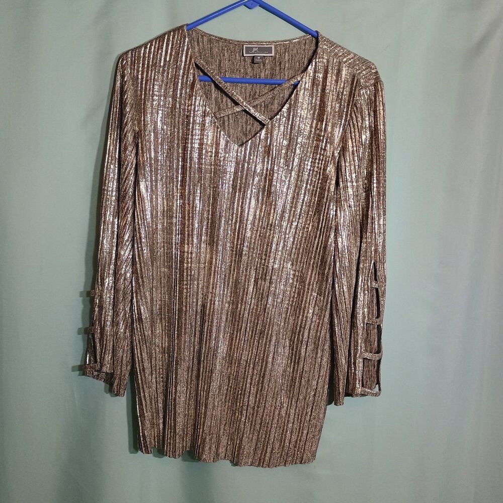 Women’s Metallic Bronze Pleated Tunic Top – Long Sleeve Shimmer Blouse